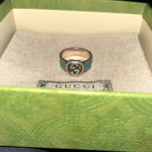 Gucci Silver and Teal Emblem Ring